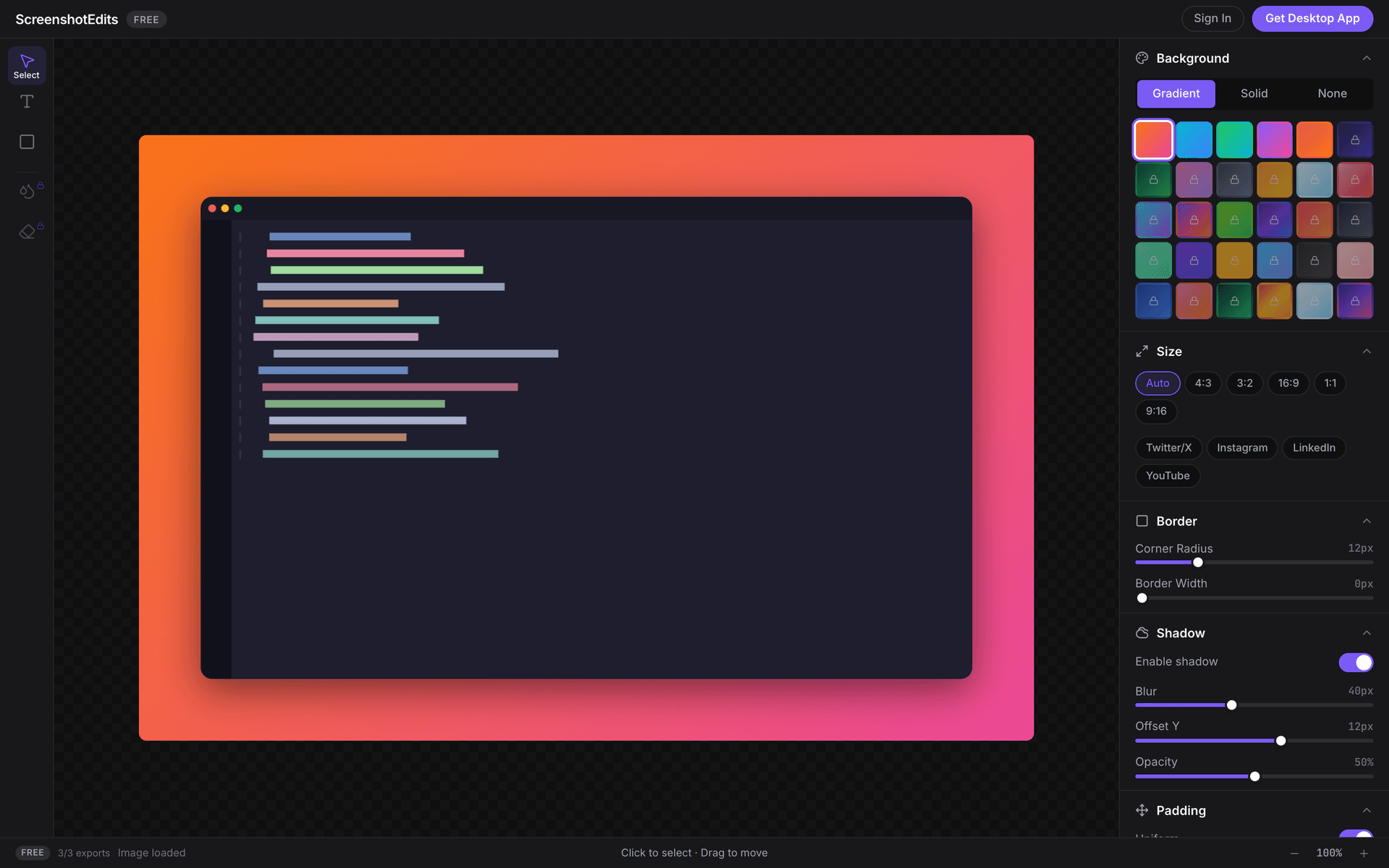 ScreenshotEdits app interface showing gradient backgrounds and editing tools